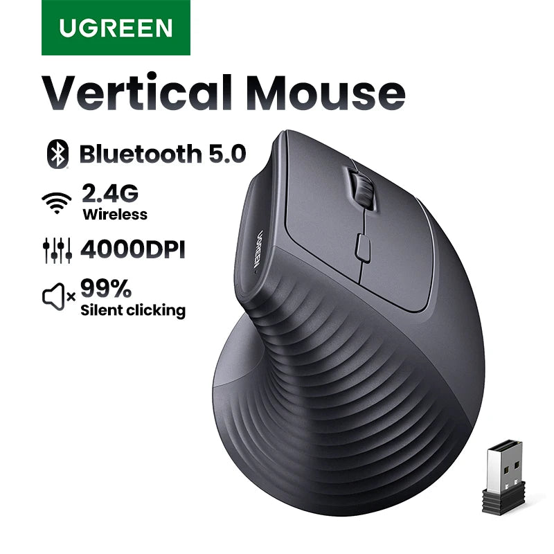 Mouse Vertical Inalambrico UGREEN, Bluetooth 2.4G, Ergonomico, 4000DPI, Silencioso