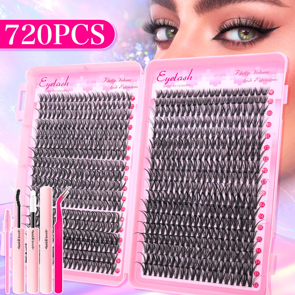 Kit de Extensiones de Pestañas Efecto Esponjoso 200/720 Piezas, con Pegamento, Sellador y Pinzas