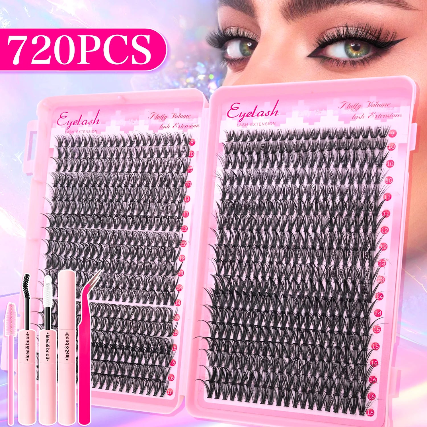 Kit de Extensiones de Pestañas Efecto Esponjoso 200/720 Piezas, con Pegamento, Sellador y Pinzas