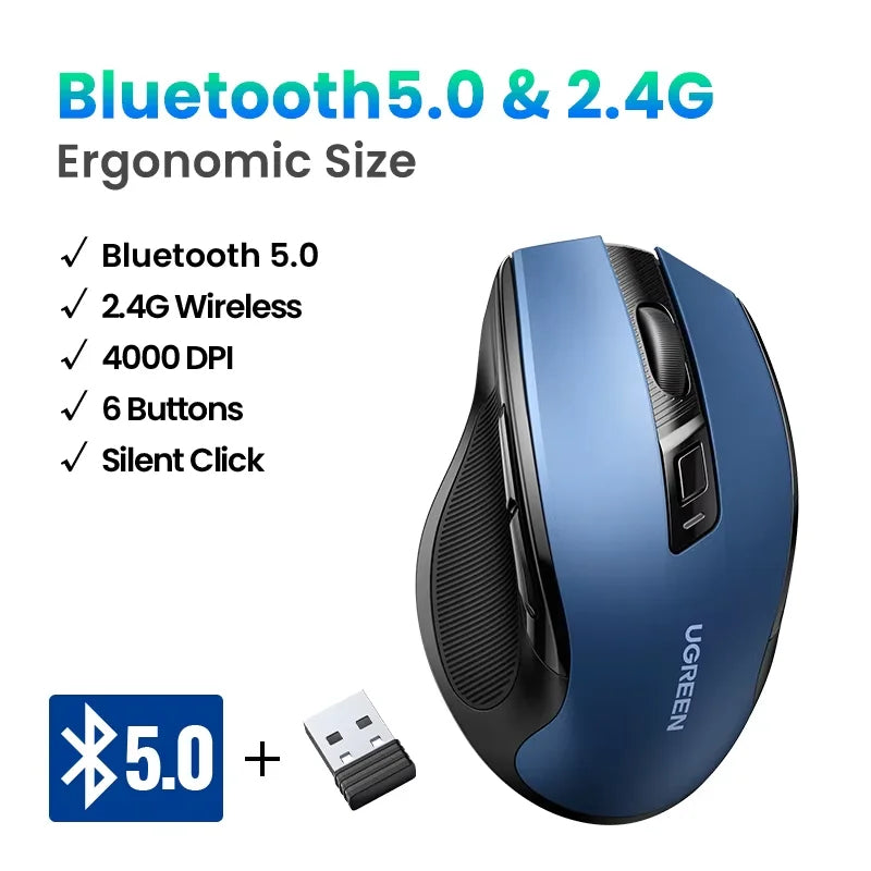 Mouse Inalambrico UGREEN, Bluetooth 5.0, Ergonomico, 4000DPI, Silencioso