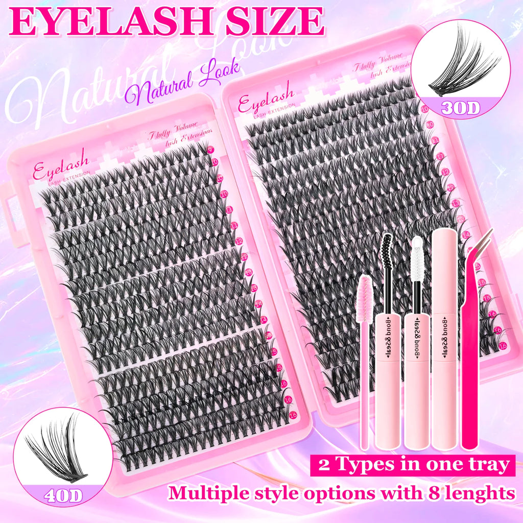 Kit de Extensiones de Pestañas Efecto Esponjoso 200/720 Piezas, con Pegamento, Sellador y Pinzas