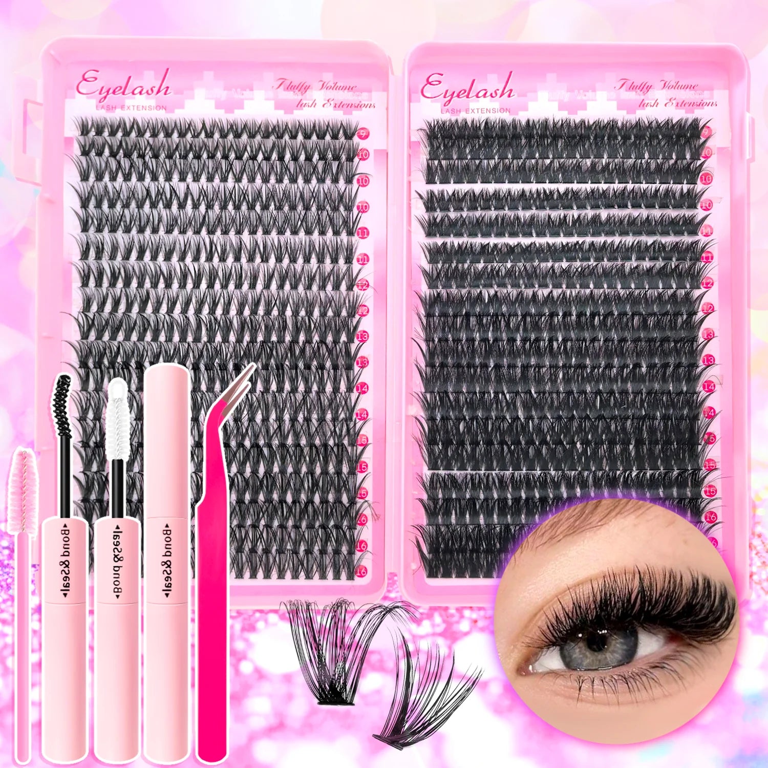 Kit de Extensiones de Pestañas Efecto Esponjoso 200/720 Piezas, con Pegamento, Sellador y Pinzas