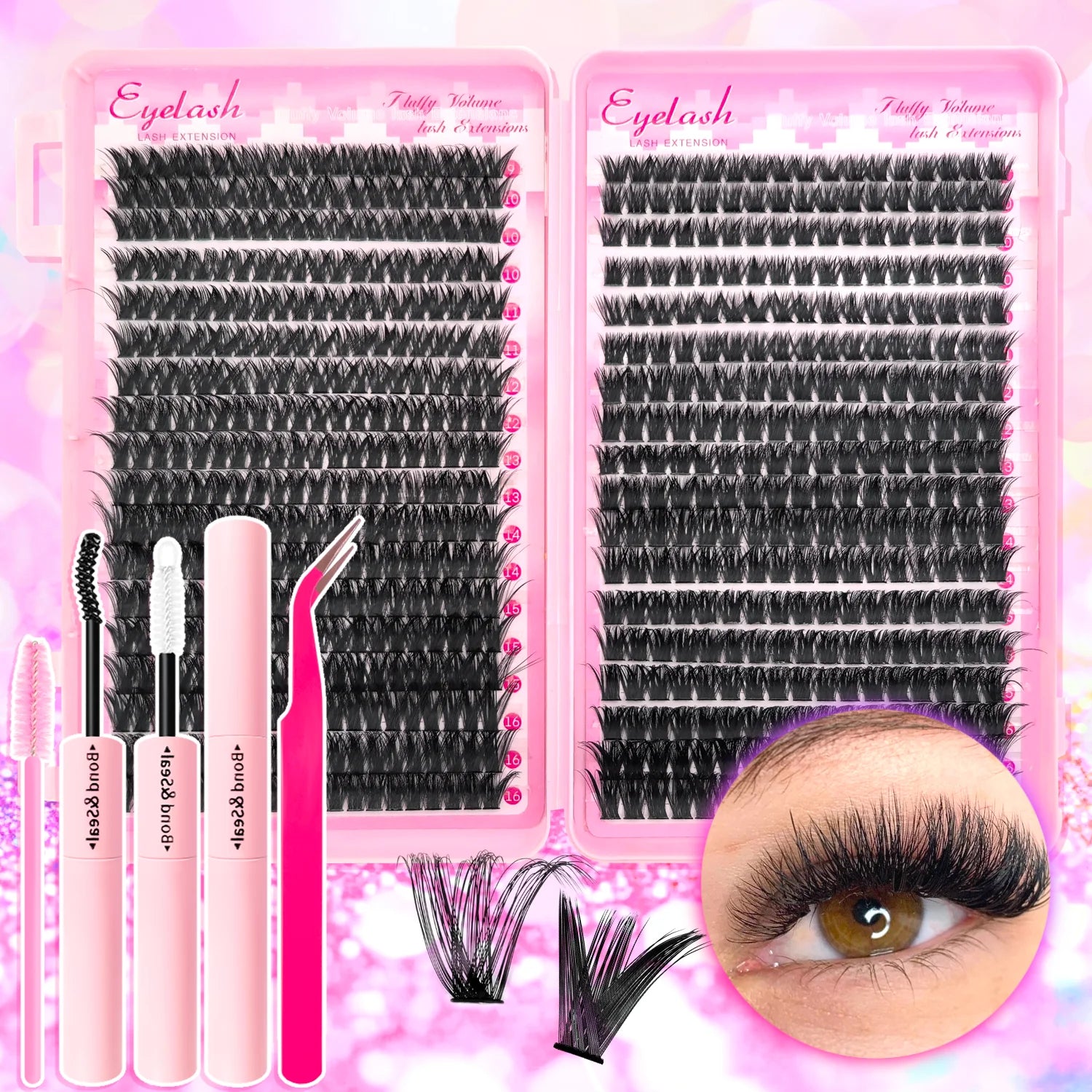 Kit de Extensiones de Pestañas Efecto Esponjoso 200/720 Piezas, con Pegamento, Sellador y Pinzas