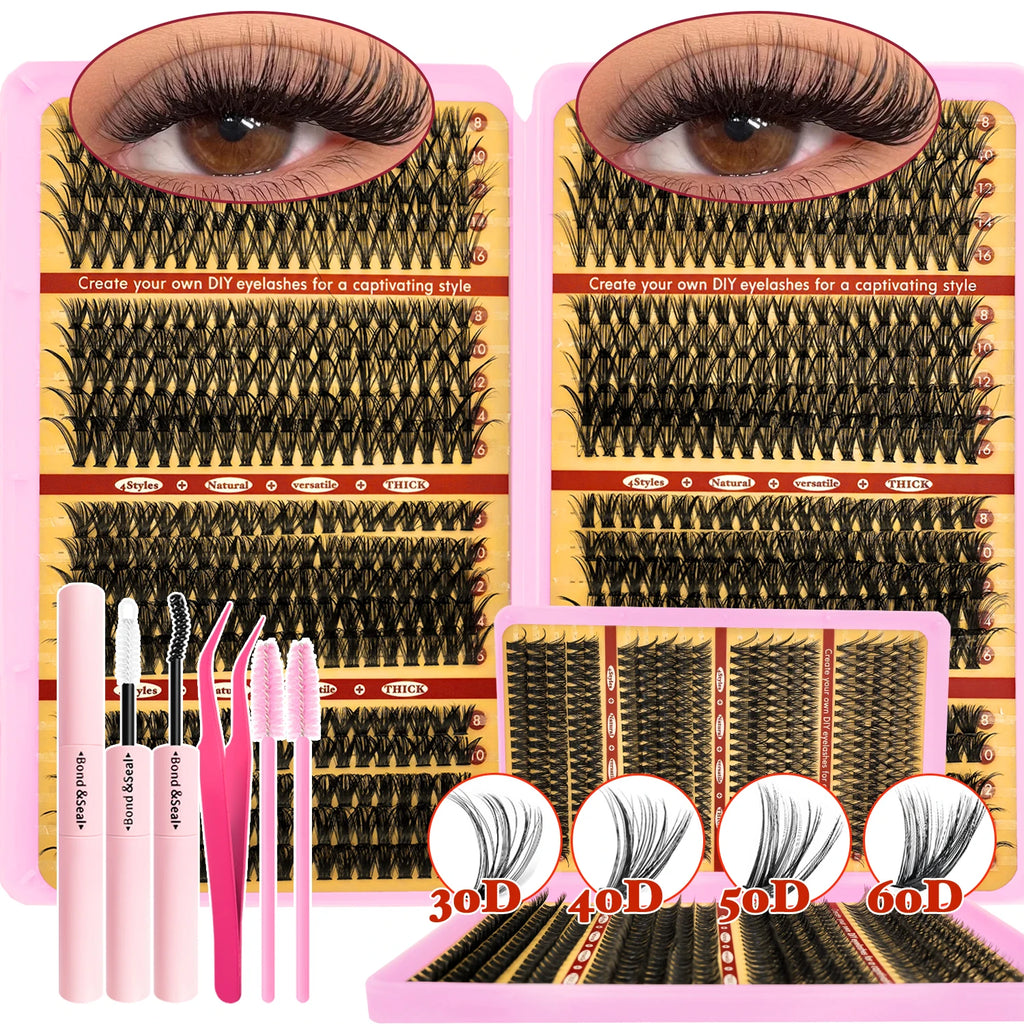 Kit de Extensiones de Pestañas Efecto Esponjoso 200/720 Piezas, con Pegamento, Sellador y Pinzas