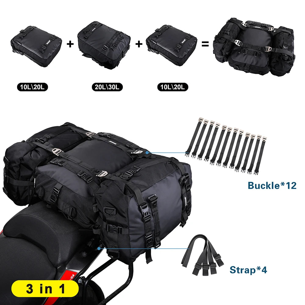 Bolsa Trasera para Motocicleta Rhinowalk 10/20/30L, Impermeable y Multifuncional, Instalación Universal
