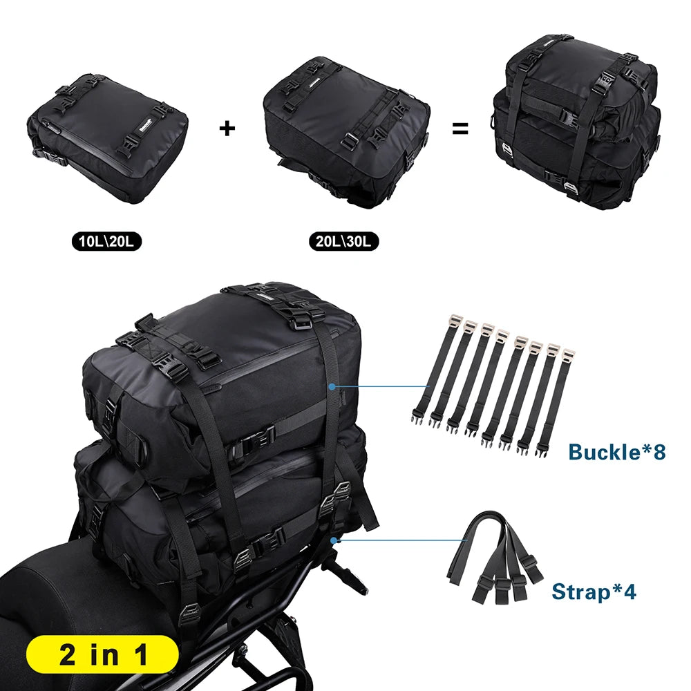 Bolsa Trasera para Motocicleta Rhinowalk 10/20/30L, Impermeable y Multifuncional, Instalación Universal