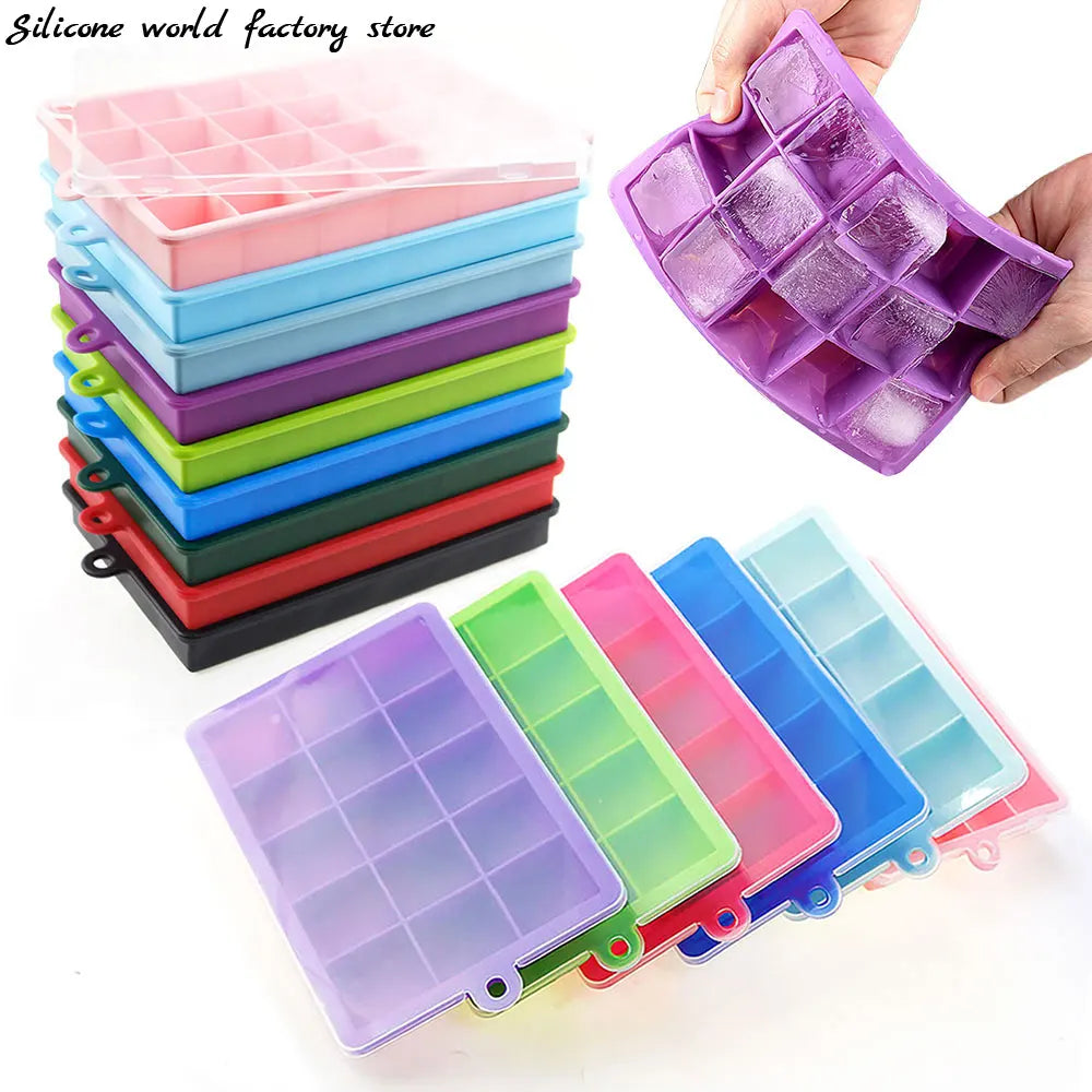 Molde de Silicon para Hielo, 15/24 Cubos con Tapa, para Cocteles y Bebidas Frias