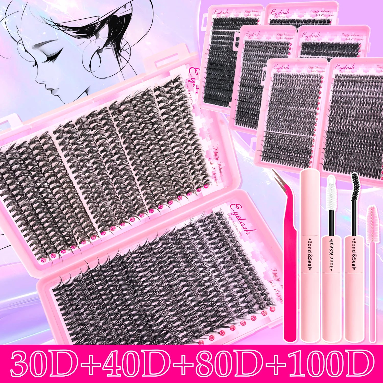 Kit de Extensiones de Pestañas Efecto Esponjoso 200/720 Piezas, con Pegamento, Sellador y Pinzas