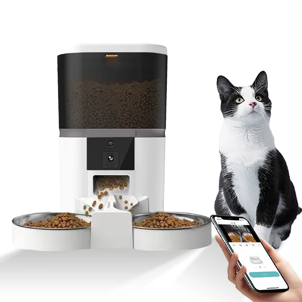 Comedero Automatico con Camara y App, 4L, Doble Comida, Tazon de Acero Inoxidable