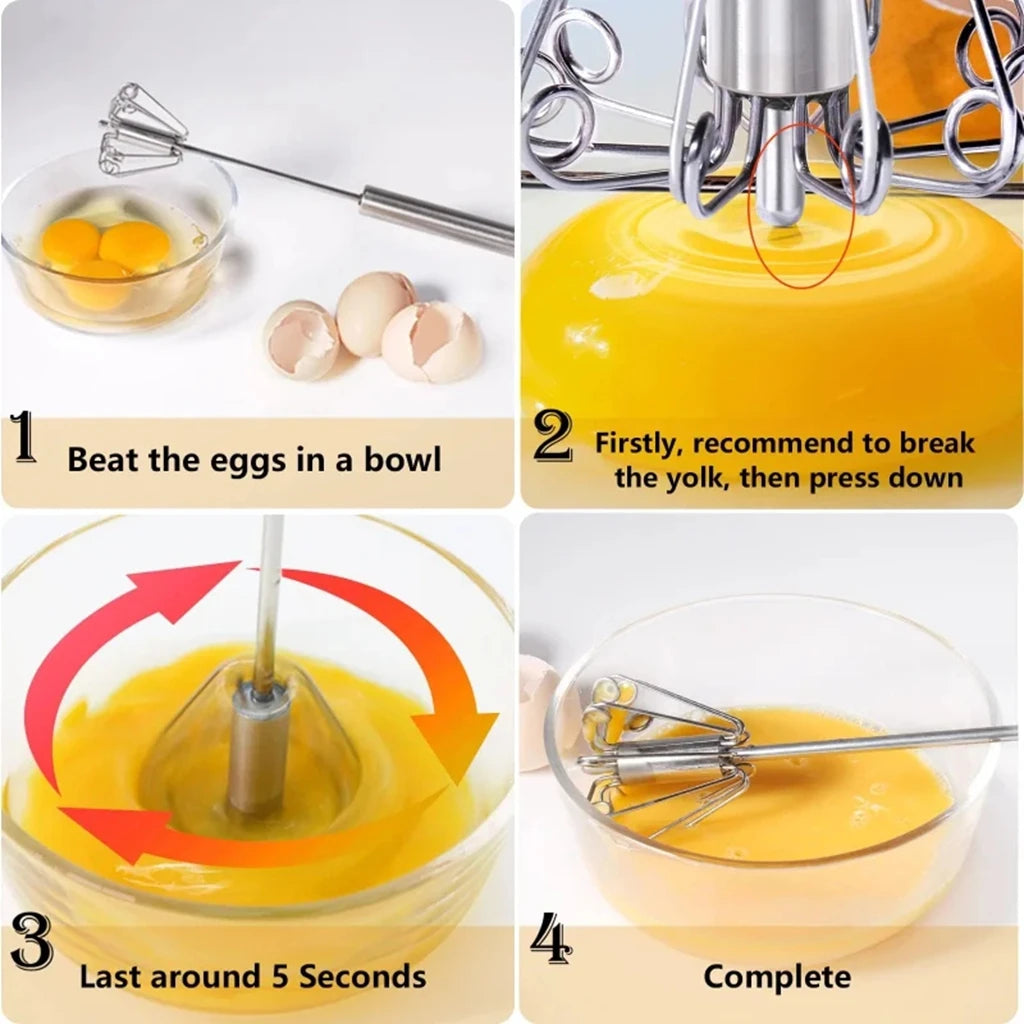 Batidor de Huevos Manual Semi-Automatico de Acero Inoxidable, Mezclador de Cocina