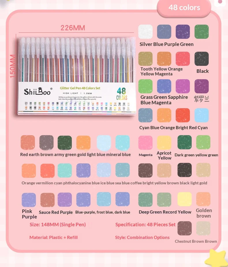 Set de Bolígrafos de Gel con Purpurina 8/24/60 Colores — Series "Cristal Fluido" y "Brillo Estelar", Ideal para Journaling y Dibujo