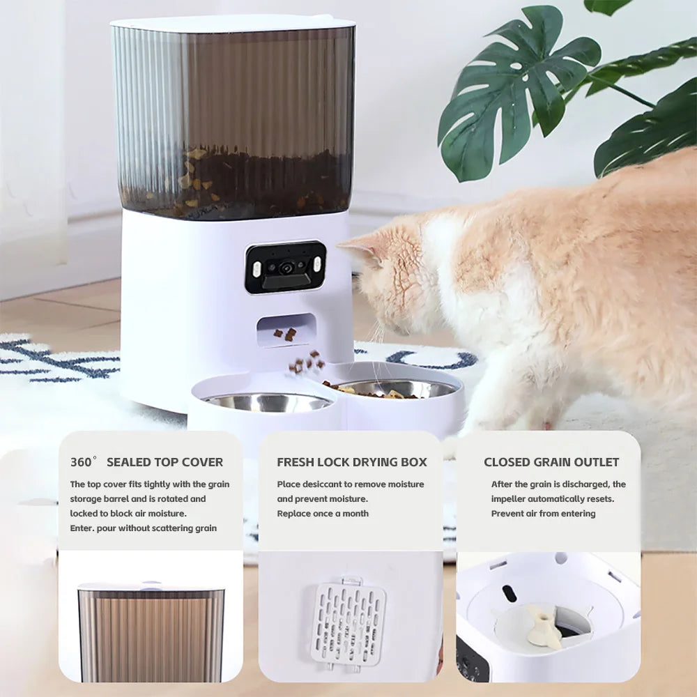 Comedero Automatico Inteligente con Camara, Doble Tazon, 5L, para Gatos y Perros