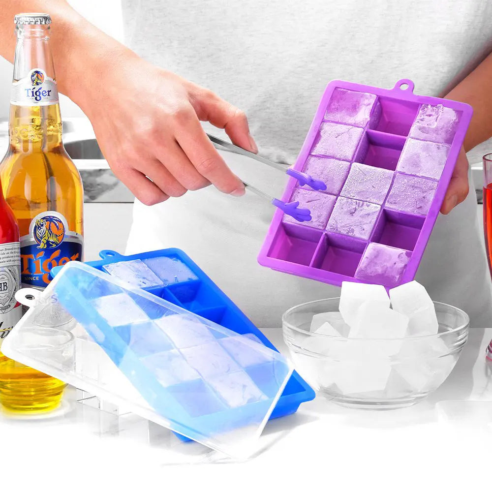 Molde de Silicon para Hielo, 15/24 Cubos con Tapa, para Cocteles y Bebidas Frias