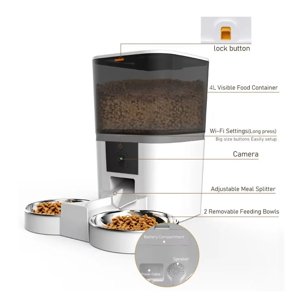 Comedero Automatico con Camara y App, 4L, Doble Comida, Tazon de Acero Inoxidable