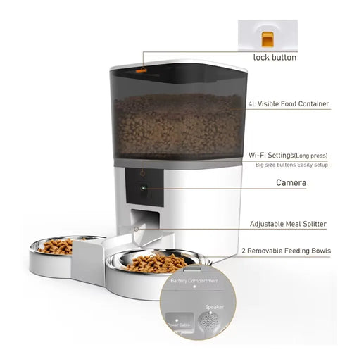 Comedero Automatico con Camara y App, 4L, Doble Comida, Tazon de Acero Inoxidable