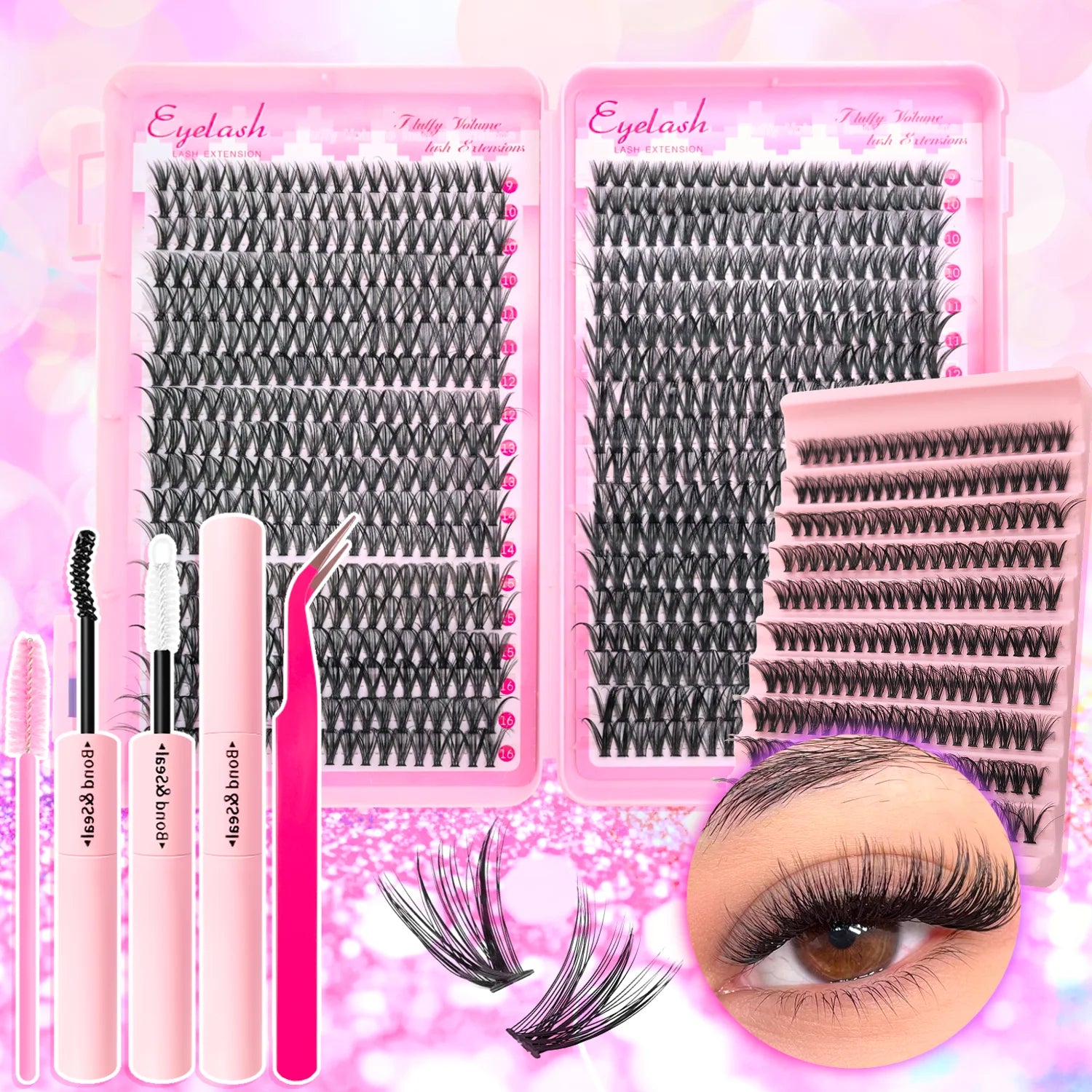 Kit de Extensiones de Pestañas Efecto Esponjoso 200/720 Piezas, con Pegamento, Sellador y Pinzas