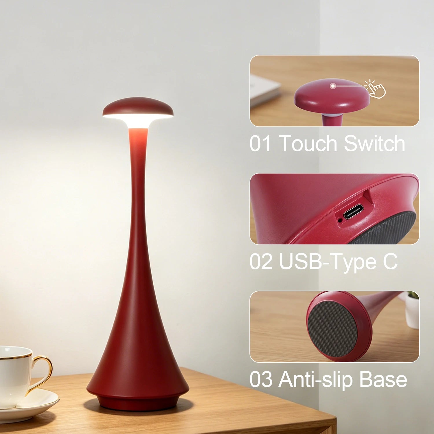 Lampara de Mesa con Forma de Hongo, Recargable, Control Tactil, Carga USB-C