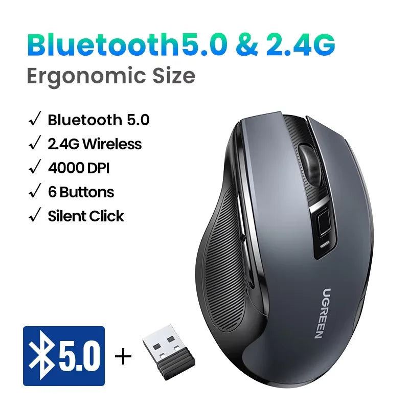 Mouse Inalambrico UGREEN, Bluetooth 5.0, Ergonomico, 4000DPI, Silencioso