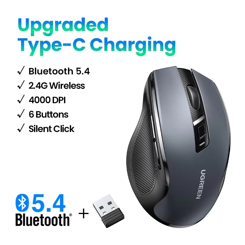 Mouse Inalambrico UGREEN, Bluetooth 5.0, Ergonomico, 4000DPI, Silencioso