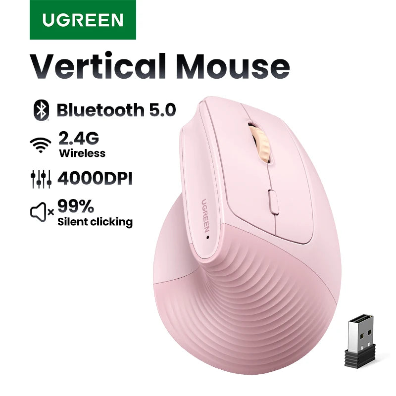 Mouse Vertical Inalambrico UGREEN, Bluetooth 2.4G, Ergonomico, 4000DPI, Silencioso