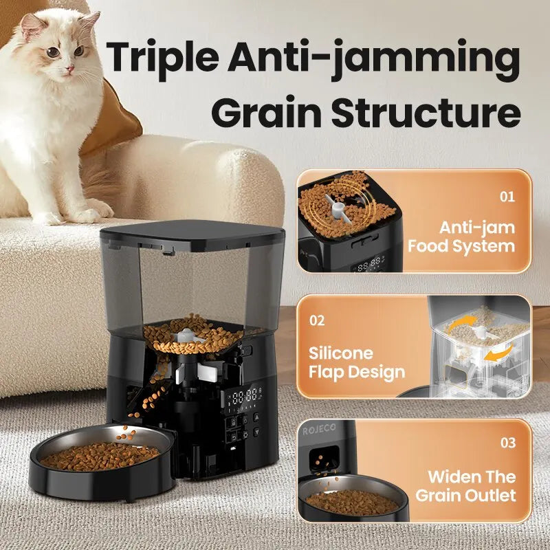 Comedero Automatico ROJECO para Gatos y Perros, Control Inteligente, Pantalla LCD