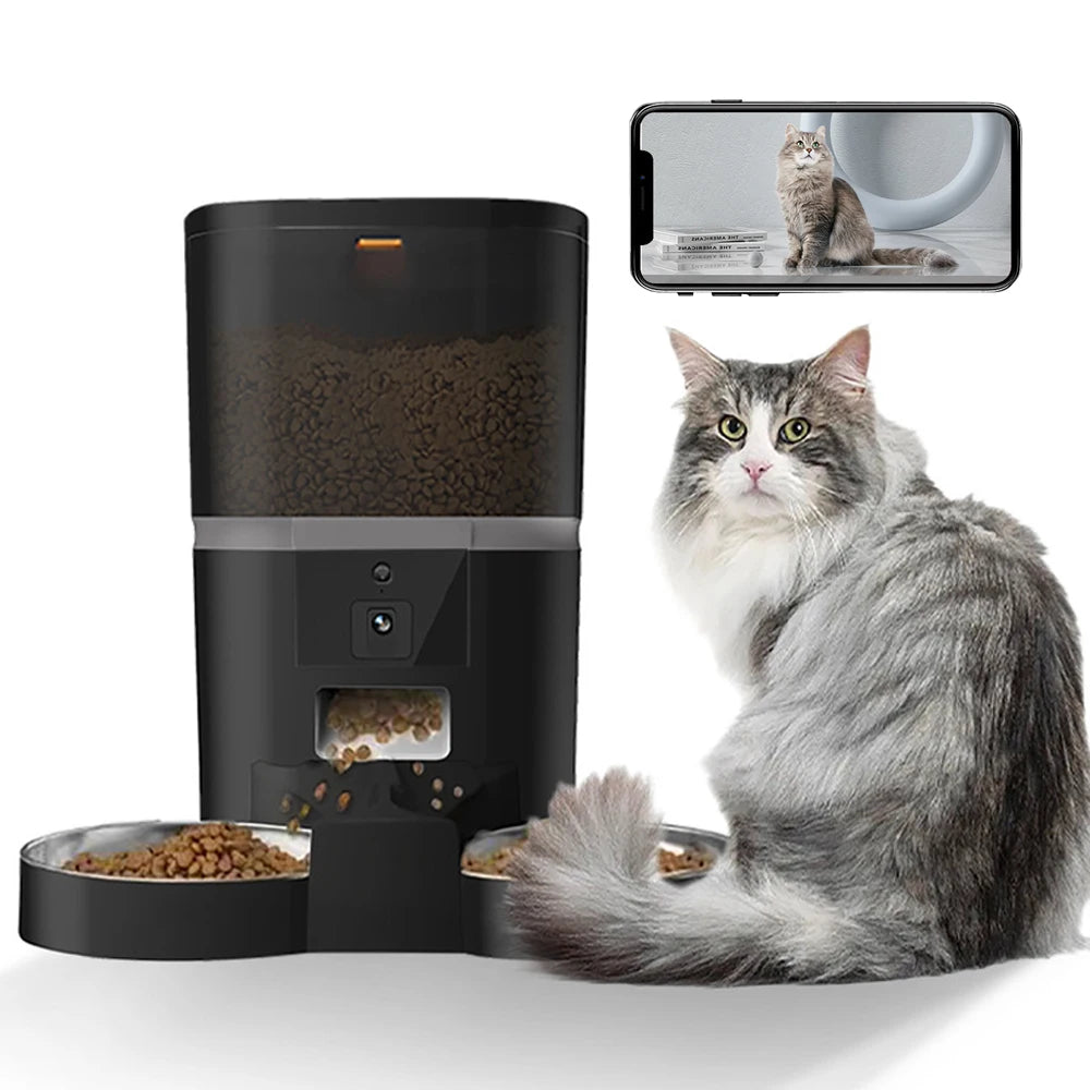 Comedero Automatico con Camara y App, 4L, Doble Comida, Tazon de Acero Inoxidable