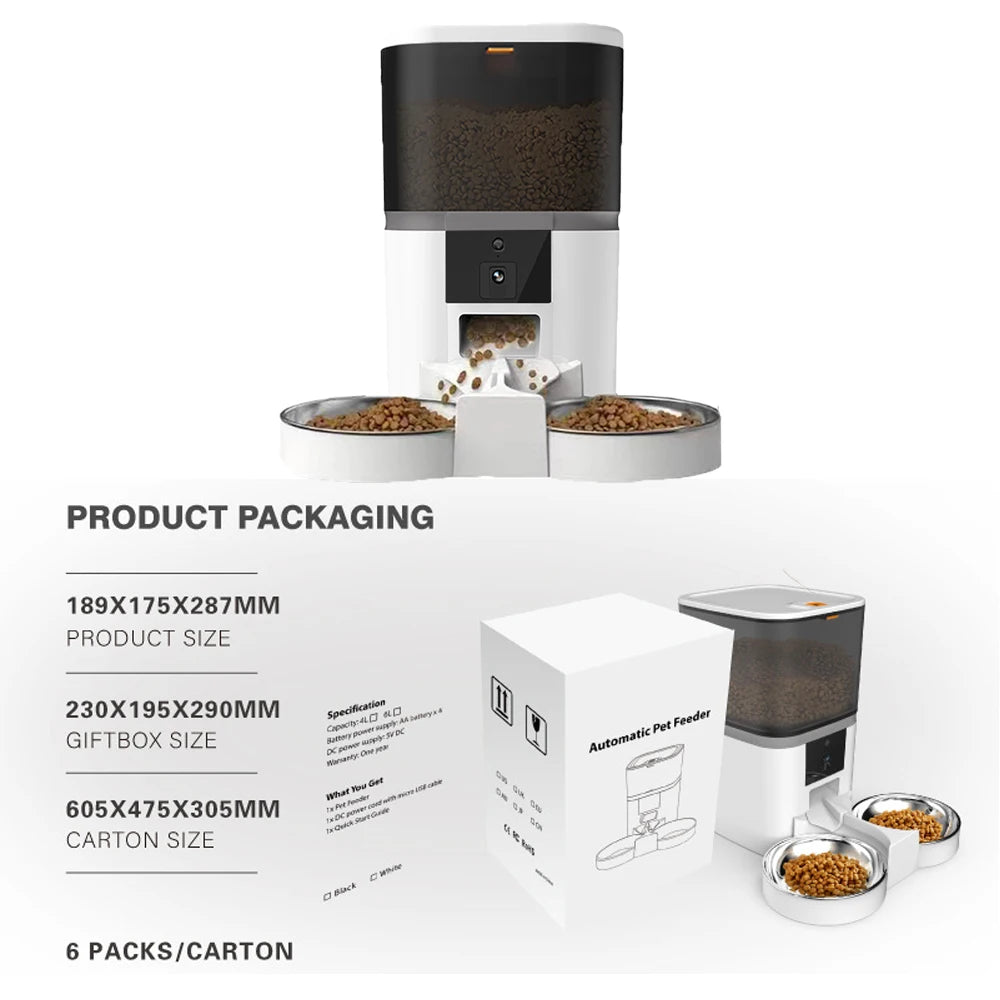 Comedero Automatico con Camara y App, 4L, Doble Comida, Tazon de Acero Inoxidable