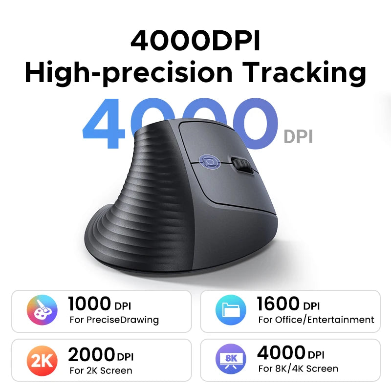 Mouse Vertical Inalambrico UGREEN, Bluetooth 2.4G, Ergonomico, 4000DPI, Silencioso