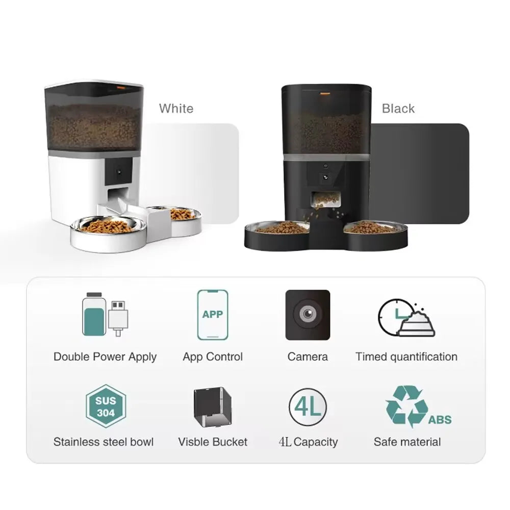 Comedero Automatico con Camara y App, 4L, Doble Comida, Tazon de Acero Inoxidable