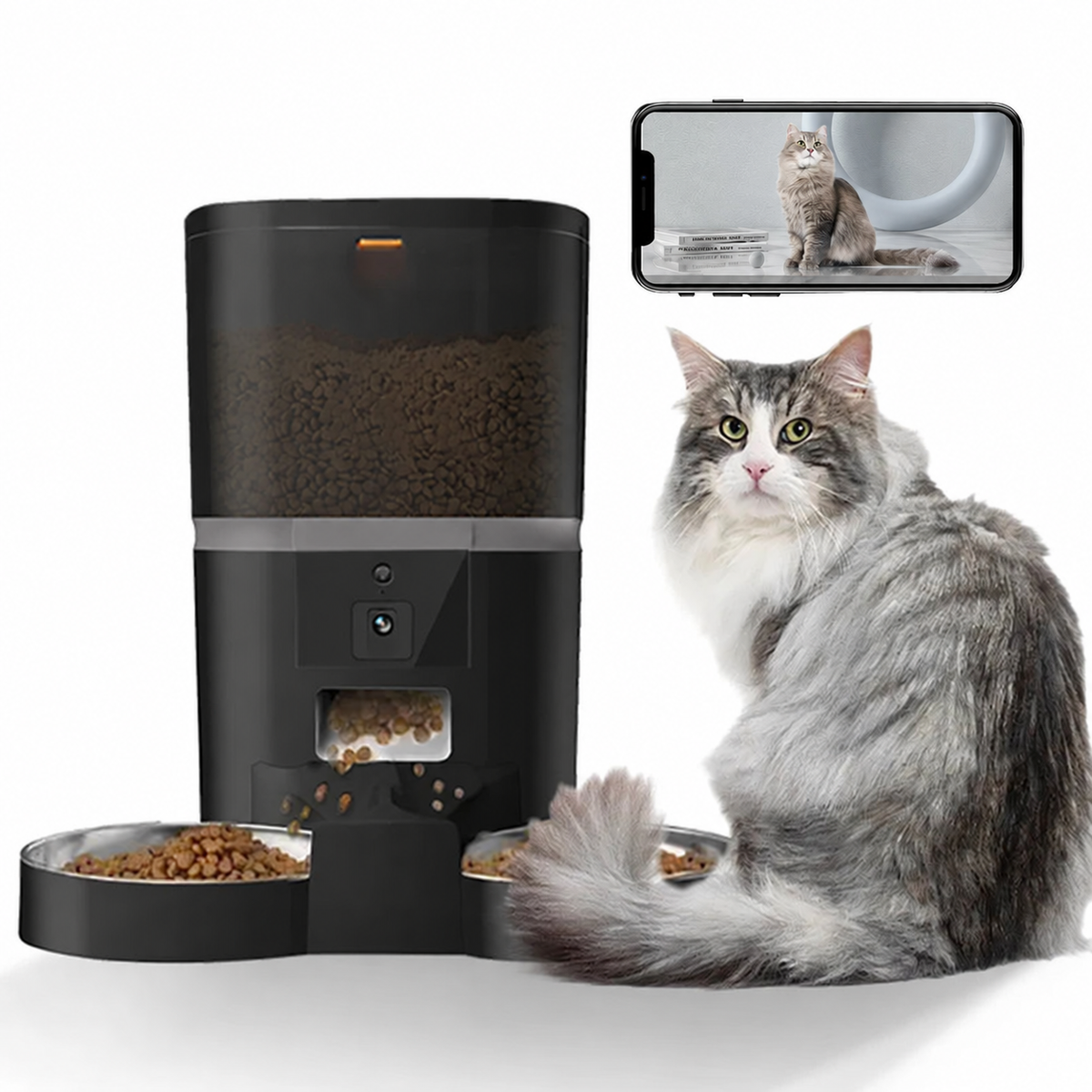 Comedero Automatico con Camara y App, 4L, Doble Comida, Tazon de Acero Inoxidable
